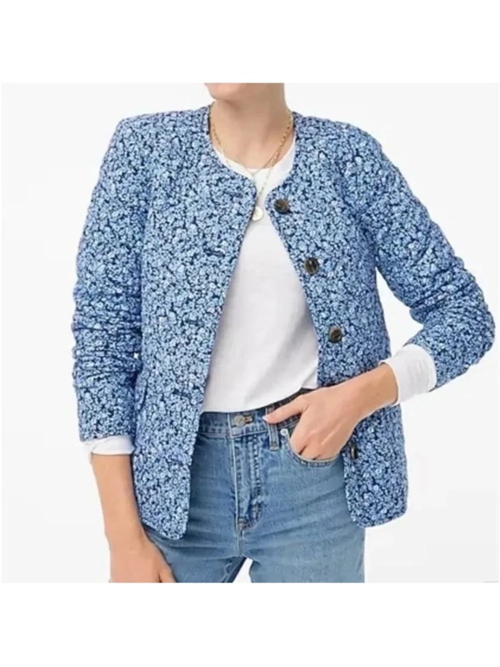 J Crew Blue Short quilted Floral Cotton Blend Jacket Size 14 NWT
